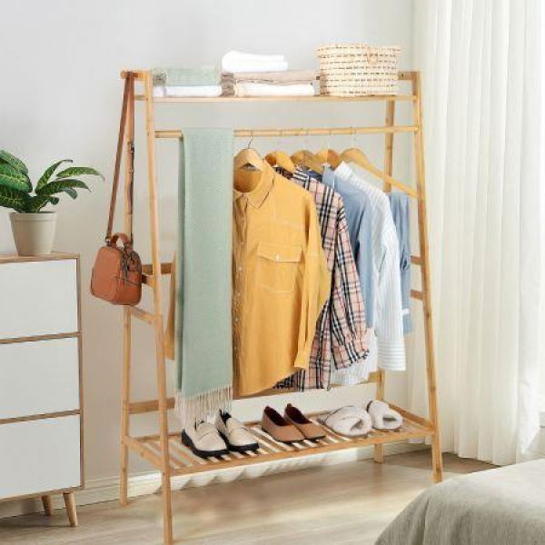 Freestanding Bamboo Clothing Rack With Top Shelf & Shoe Rack.