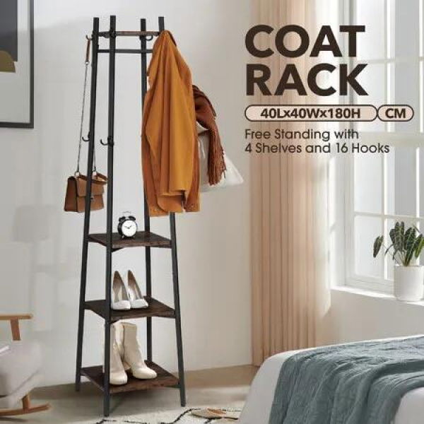 Freestanding Coat Rack Stand Clothes Garment Closet Organizer Hooks Hanger Display Shelf