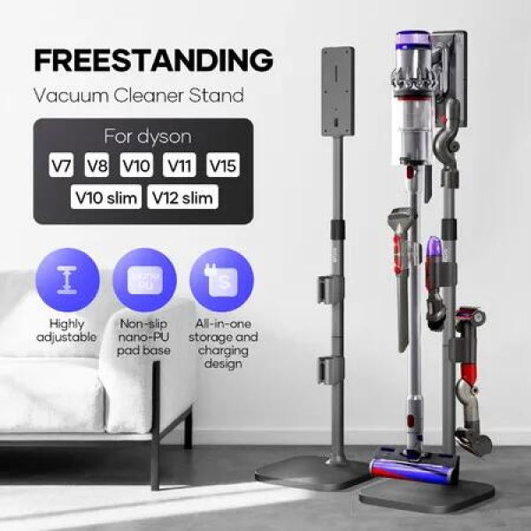 Freestanding Dyson Cordless Vacuum Cleaner Stand Rack V7 V8 V10 V11 V12 V15 Slim Aluminium Alloy Height Adjustable Stick Cleaning Accessory Cable Slot