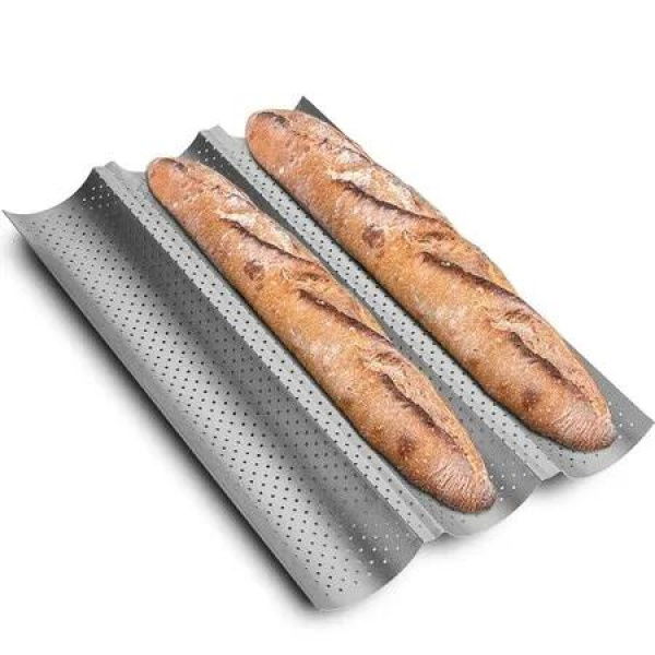 French Bread Baking Nonstick Baguette Pan Bakery Tray for 3 Loaves 15' x 9',Silver