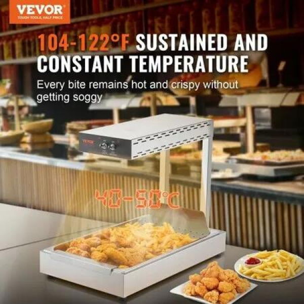 French Fry Food Warmer 750W Commercial Food Heating Lamp Electric Stainless Steel Warming Light Dump Station Countertop 104-122 degreeF Fries Food Warmer