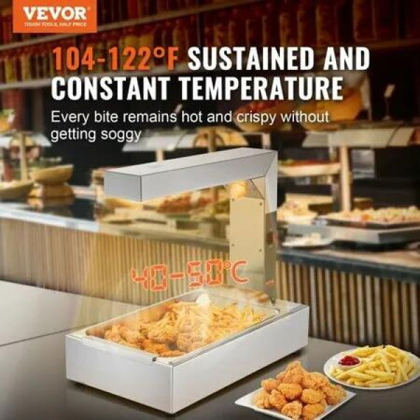 French Fry Food Warmer 750W Commercial Food Heating Lamp Electric Stainless Steel Warming Light Dump Station Countertop 104-122 degreeF Fries Food Warmer