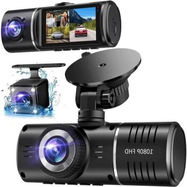 Front,Interior,Rear 3-Channel Dash Camera with 1080P crystal-clear video quality,32GB Card,HDR,G-Sensor,24Hr Parking,Loop Recording