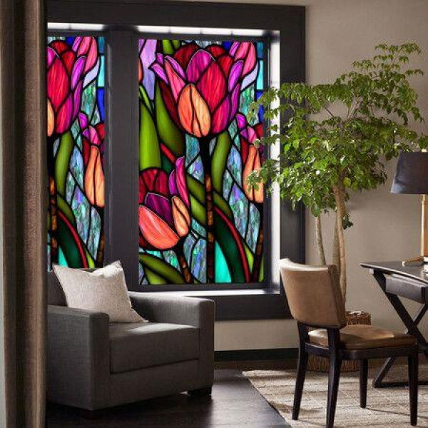 Frosted Stained Glass Window Film Removable Non-Adhesive Heat Insulation UV Blocking Colorful Pattern Static Window Clings