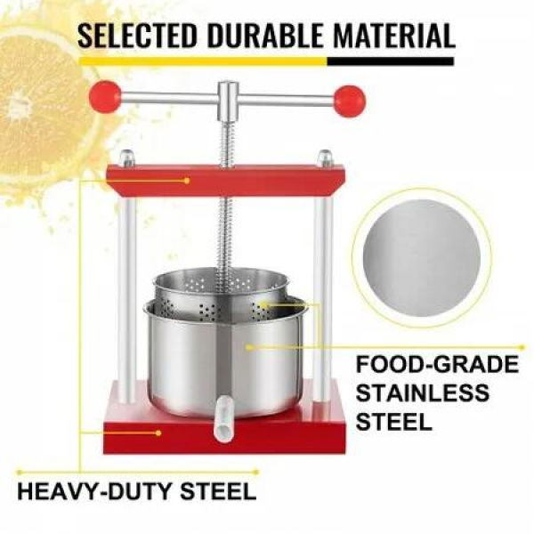 Fruit Wine Press, 1.45Gal/5.5L Grape Press for Wine Making, Wine Press Machine with 2 Stainless Steel Barrels, Wine Cheese Fruit Vegetable Tincture Press with T-Handle and 0.1'/3mm Thick Plate