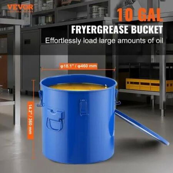 Fryer Grease Bucket 37.8L/10Gal Oil Disposal Caddy Carbon Steel Fryer Oil Bucket with Rust-Proof Coating Oil Transport Container with Lid Lock Clips Filter