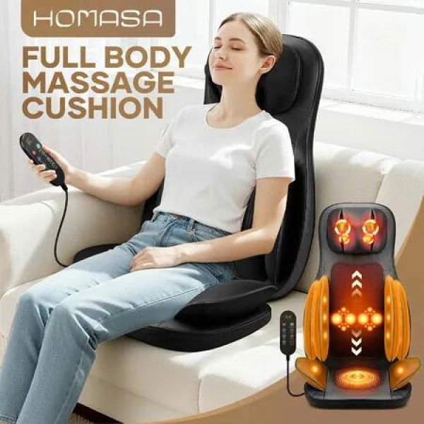 Full Body Massage Chair Cushion Massaging Seat Shiatsu Neck Back Massager Pad Heating Relax Rolling Kneading Vibration Electric Remote Pillow Homasa