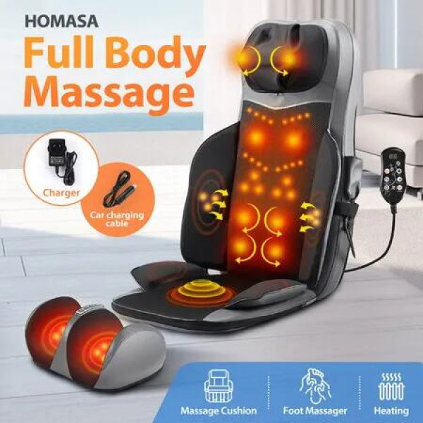 Full Body Massage Cushion Chair Shiatsu Back Neck Massaging Pad Seat Heat Vibration Rolling Kneading with Foot Massager Remote Pillow Homasa