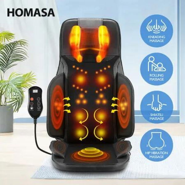 Full Body Massage Cushion Shiatsu Back Neck Massager Chair Pad Massaging Seat Kneading Rolling Heat Vibration with Remote Pillow Homasa