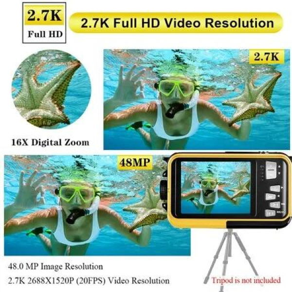 Full HD 2.7K 48MP Waterproof Camera,Video Recorder with Dual Screens,16X Digital Zoom, Flashlight for Snorkeling Capabilities(Yellow)