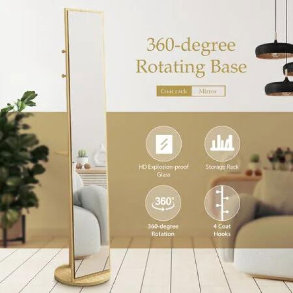 Full Length Body Mirror Large Long Tall Floor Free Standing Rotating Stand Up Alone Makeup Dressing Home Decor Bedroom Storage Rack Shelf 164x30x20cm