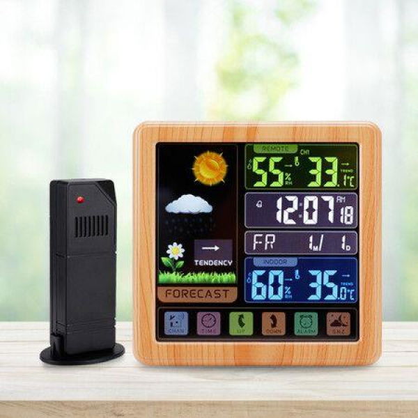 Full Weather Clock Weather Station Indoor Outdoor Color Display Sensor Monitor Digital Full Touch Screen Weather Atomic Clock Color Wood Grain