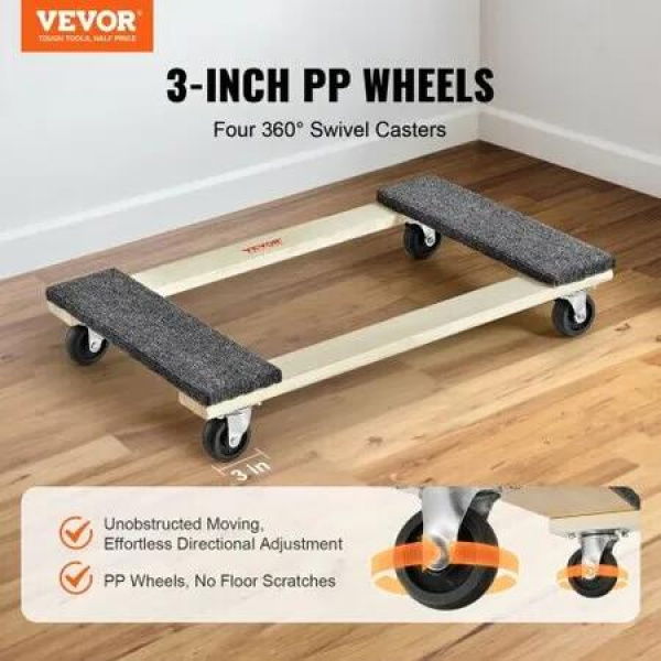 Furniture Dolly 454kg Load Capacity 457.2x762mm 4x76mm PP Swivel Casters Heavy Duty Hardwood Furniture Moving Dolly Mover's Dolly Moving Cart with Wheels