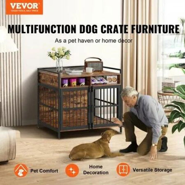 Furniture Style Dog Crate with Storage, 41 inch Dog Crate Furniture Large Breed with Double Doors, Wooden Dog Cage for Large/Medium Dog Indoor, Hold up to 70 lbs, Rustic Brown