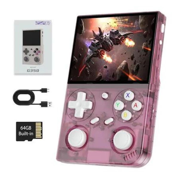 G350 Retro Gaming Console with 3.5 Inch IPS Screen Linux System Built in 64G TF Card 20+Emulators Pre-Installed 4371 Games Retro Game Console, Pink