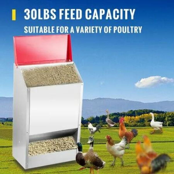 Galvanized Poultry Feeder Holds 13.6kg of Feed Chicken Feeders No Waste 35x21x45 cm Hanging Chicken Feeder with Lid Weatherproof Outdoor Coop Food Dispenser for Duck