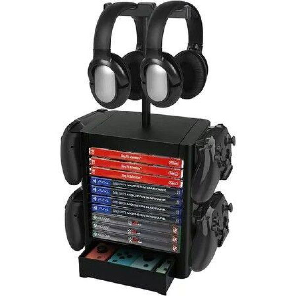 Game Storage Tower Multifunction Detachable Vertical Game Storage Rack Stores 10 Game Discs 2 Headsets And 4 Controllers. Compatible With PS5/PS4/Xbox One/Nintendo Switch.