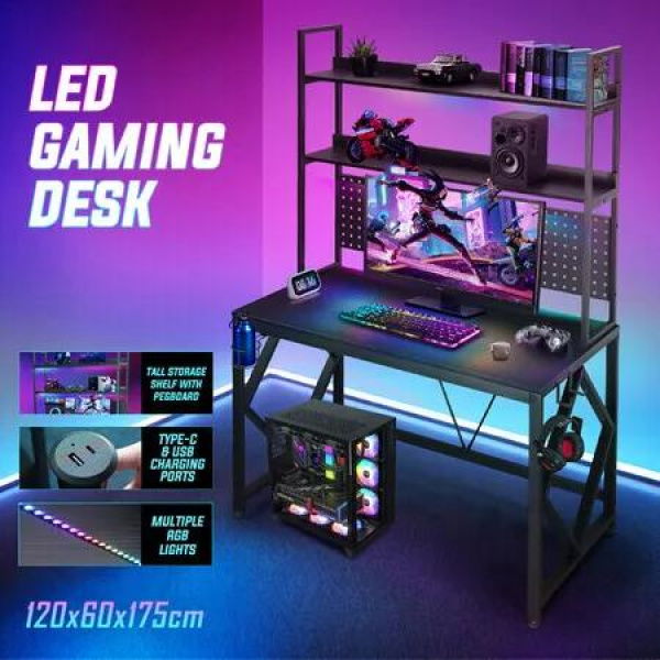 Gaming Computer Desk Home Office Study Work Table Writing Racer Workstation Furniture Black Carbon Fibre with RGB LED Light Shelves Pegboard USB