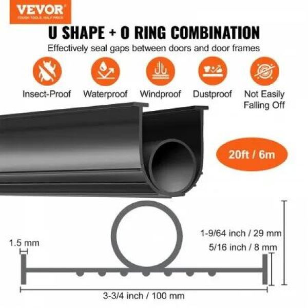 Garage Door Seals Bottom Rubber, U Shape +O Ring Combination Garage Door Bottom Weather Seal, 20ft Weatherproofing Garage Door Seal, 5/16 inch T-ends and 3 3/4 inch Width, for Doors, Black