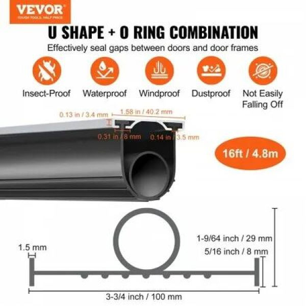 Garage Door Seals Bottom Rubber, U Shape +O Ring Garage Door Bottom Weather Seal with Pre-drilled Aluminum Track Retainer Kit, 16ft 5/16 inch T-ends and 3 3/4 inch Width, for Doors, Black