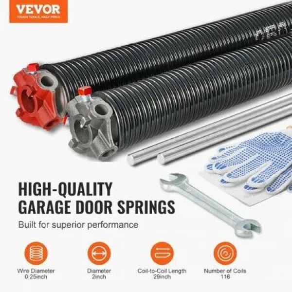 Garage Door Torsion Springs, Pair of 0.25 x 2 x 29inch, Garage Door Springs with Non-Slip Winding Bars, 16000 Cycles, Gloves and Mounting Wrench, Electrophoresis Coated for Replacement