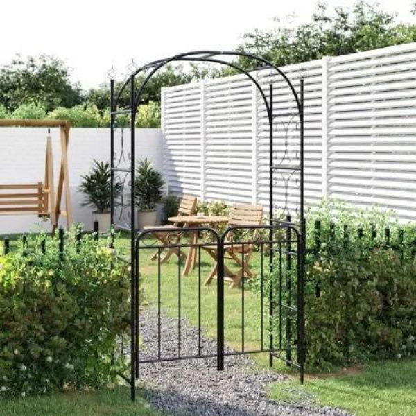 Garden Arch with Gate Black 108x45x235 cm Steel