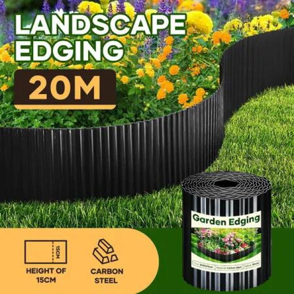 Garden Bed Edging Landscape Edge 20mx15cm Lawn Border Flower Plant Grass Path Fence DIY Flexible Corrugated Carbon Steel UV Resistant Roll Kit