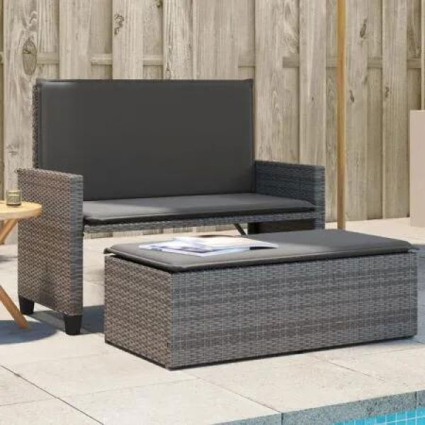 Garden Bench with Cushions and Footstool Grey Poly Rattan