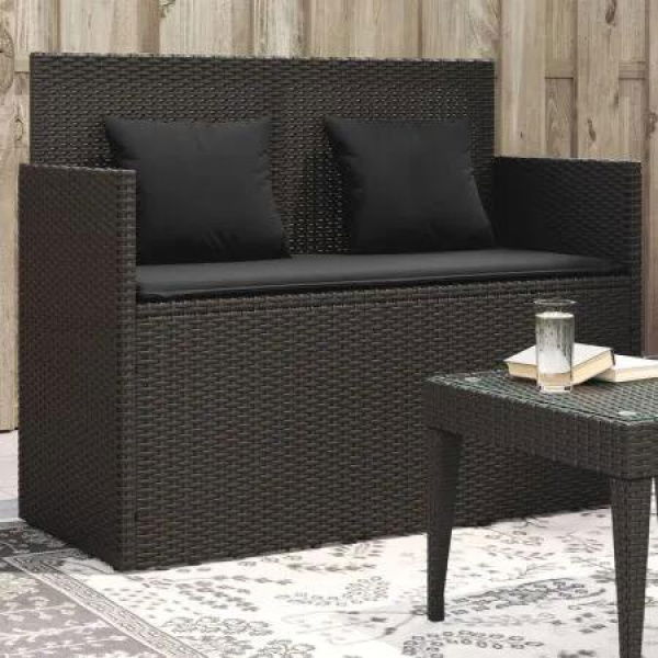 Garden Bench with Cushions Black Poly Rattan