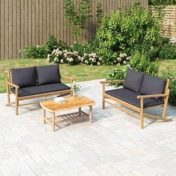 Garden Bench With Dark Grey Cushions Bamboo