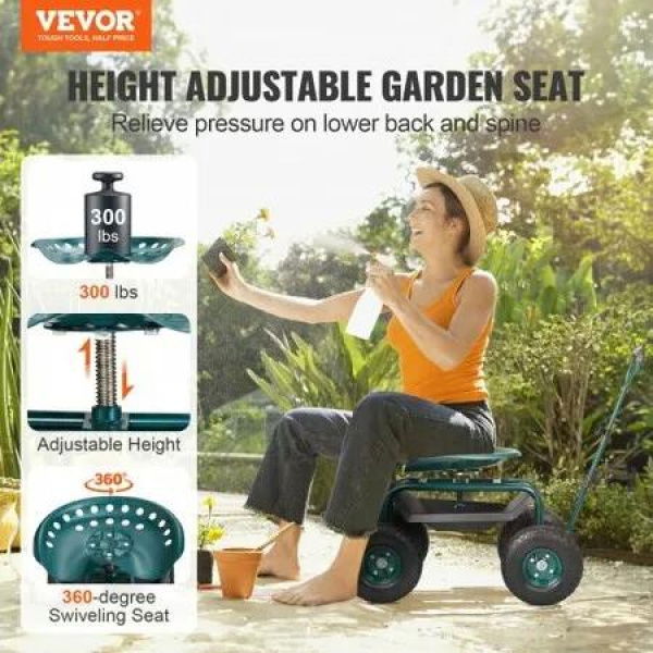 Garden Cart Rolling Workseat with Wheels, Gardening Stool for Planting, 360 Degree Swivel Seat, Wagon Scooter with Steering Handle & Utility Tool Tray, Use for Patio, Yard, and Outdoors, Green