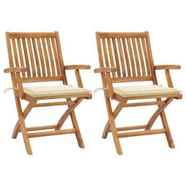 Garden Chairs 2 Pcs With Cream Cushions Solid Teak Wood