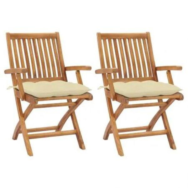 Garden Chairs 2 pcs with Cream White Cushions Solid Teak Wood