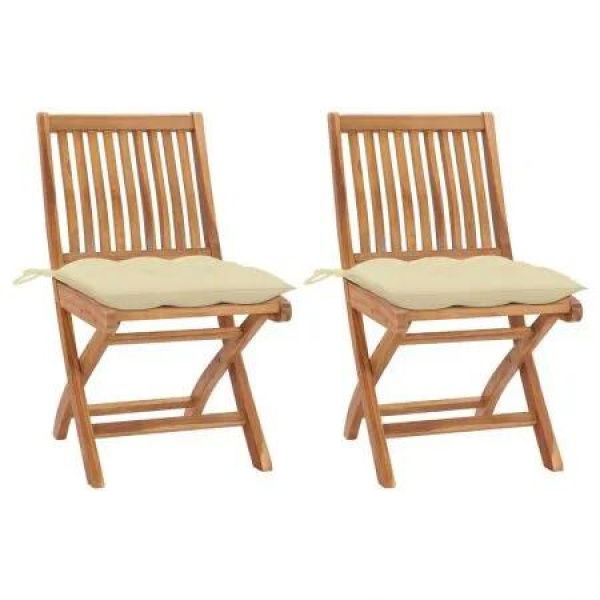 Garden Chairs 2 pcs with Cream White Cushions Solid Teak Wood