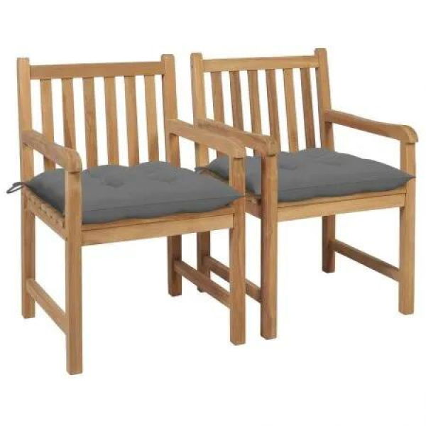 Garden Chairs 2 pcs with Grey Cushions Solid Teak Wood