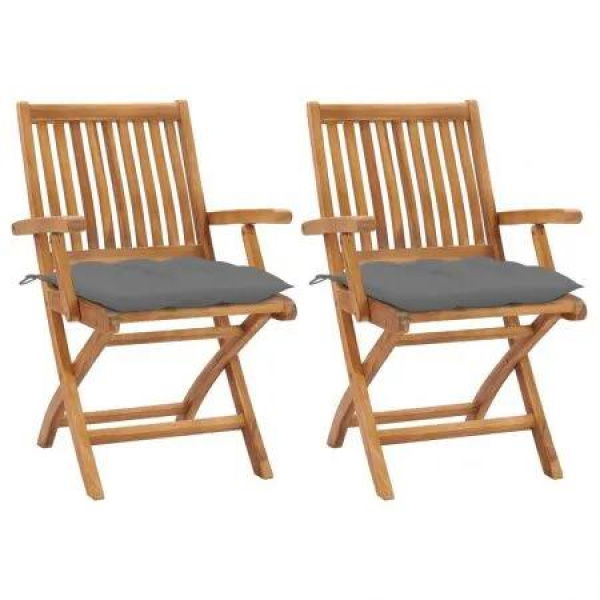 Garden Chairs 2 pcs with Grey Cushions Solid Teak Wood