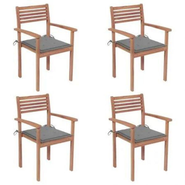 Garden Chairs 4 pcs with Grey Cushions Solid Teak Wood