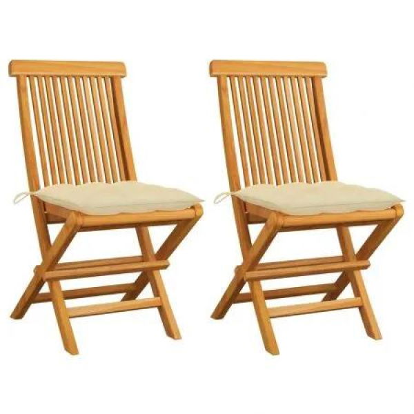 Garden Chairs with Cream White Cushions 2 pcs Solid Teak Wood