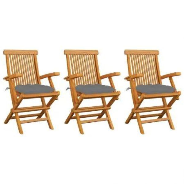 Garden Chairs with Grey Cushions 3 pcs Solid Teak Wood