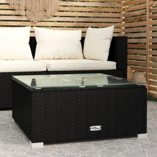 Garden Coffee Table Black 60x60x30 Cm Poly Rattan And Glass