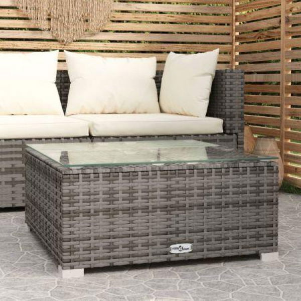 Garden Coffee Table Grey 60x60x30 Cm Poly Rattan And Glass