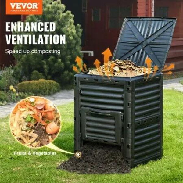 Garden Compost Bin 300 L, BPA Free Composter, Large Capacity Outdoor Composting Bin with Top Lid and Bottom Door, Easy Assembling, Lightweight, Fast Creation of Fertile Soil