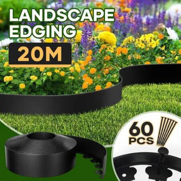 Garden Edging 20mx12cm Lawn Border Landscape Edge Flexible DIY Fence Barrier Path Driveway Yard Plant Grass Flower Bed Support Decor Plastic Roll Kit