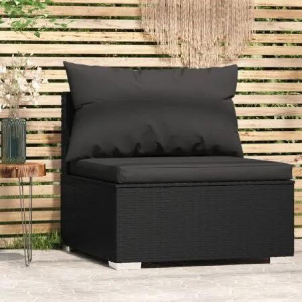 Garden Middle Sofa with Cushions Black Poly Rattan