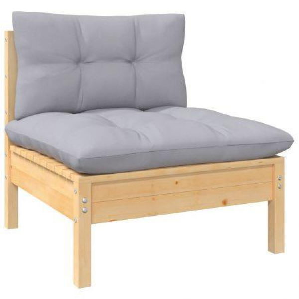 Garden Middle Sofa With Grey Cushions Solid Pinewood