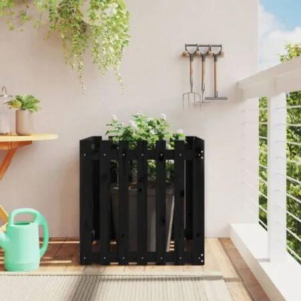 Garden Planter with Fence Design Black 70x70x70 cm Solid Wood Pine