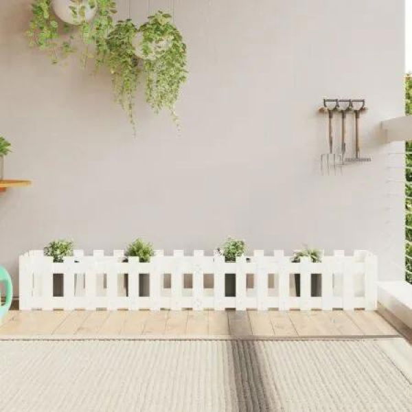 Garden Raised Bed with Fence Design White 200x30x30 cm Solid Wood Pine