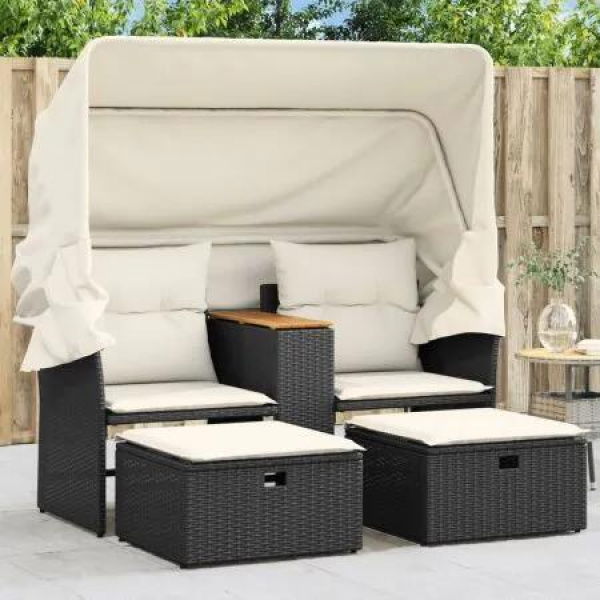 Garden Sofa 2-Seater with Canopy and Stools Black Poly Rattan