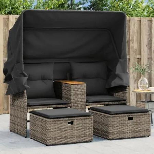 Garden Sofa 2-Seater with Canopy and Stools Grey Poly Rattan