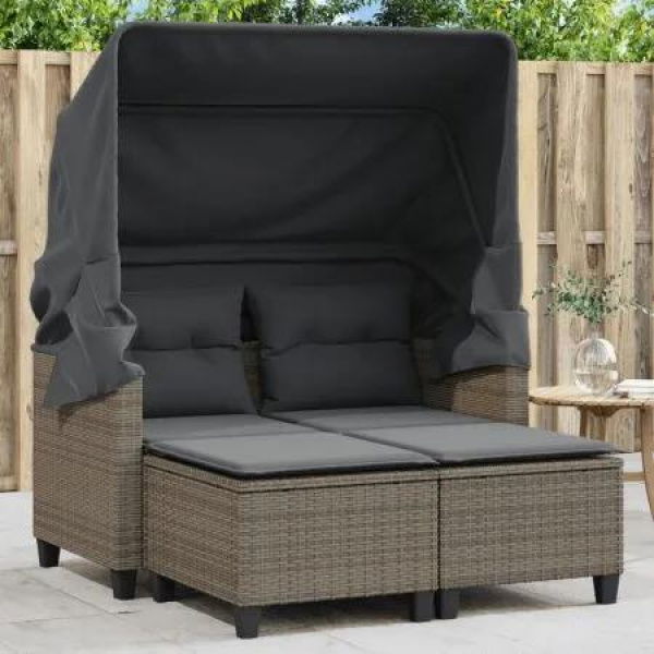 Garden Sofa 2-Seater with Canopy and Stools Grey Poly Rattan